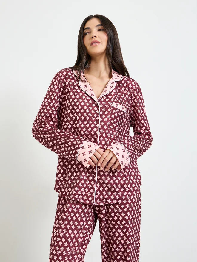 Styli Burgundy Geo Contrast Print Shirt and Pyjama Set