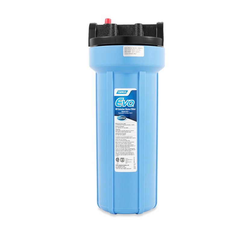Camco Evo RV Water Filter  Features Granulated Activated Carbon for Bacteria Control  a Replaceable Premium Spun Polypropylene Filter Cartridge  Camper Essentials for Clean Drinking Water 40631