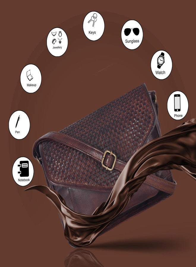 Ozora Leather Flapover Crossbody Handbag Purse for Women with Adjustable Strap & Overflap Snap Closure Tote/Bag, Brown Weaving, Medium, Chris - Image 3