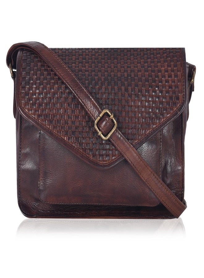 Ozora Leather Flapover Crossbody Handbag Purse for Women with Adjustable Strap & Overflap Snap Closure Tote/Bag, Brown Weaving, Medium, Chris - Image 1