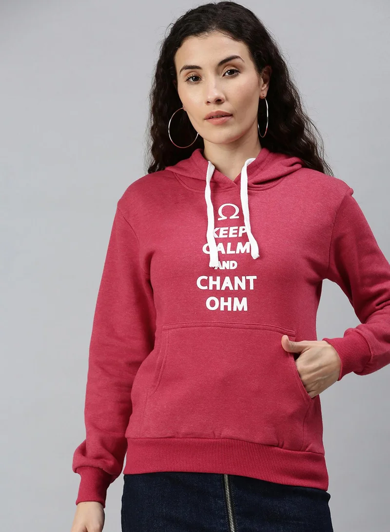 Campus Sutra Women's Rose Red Chant-Ohm Print Pullover Hoodie
