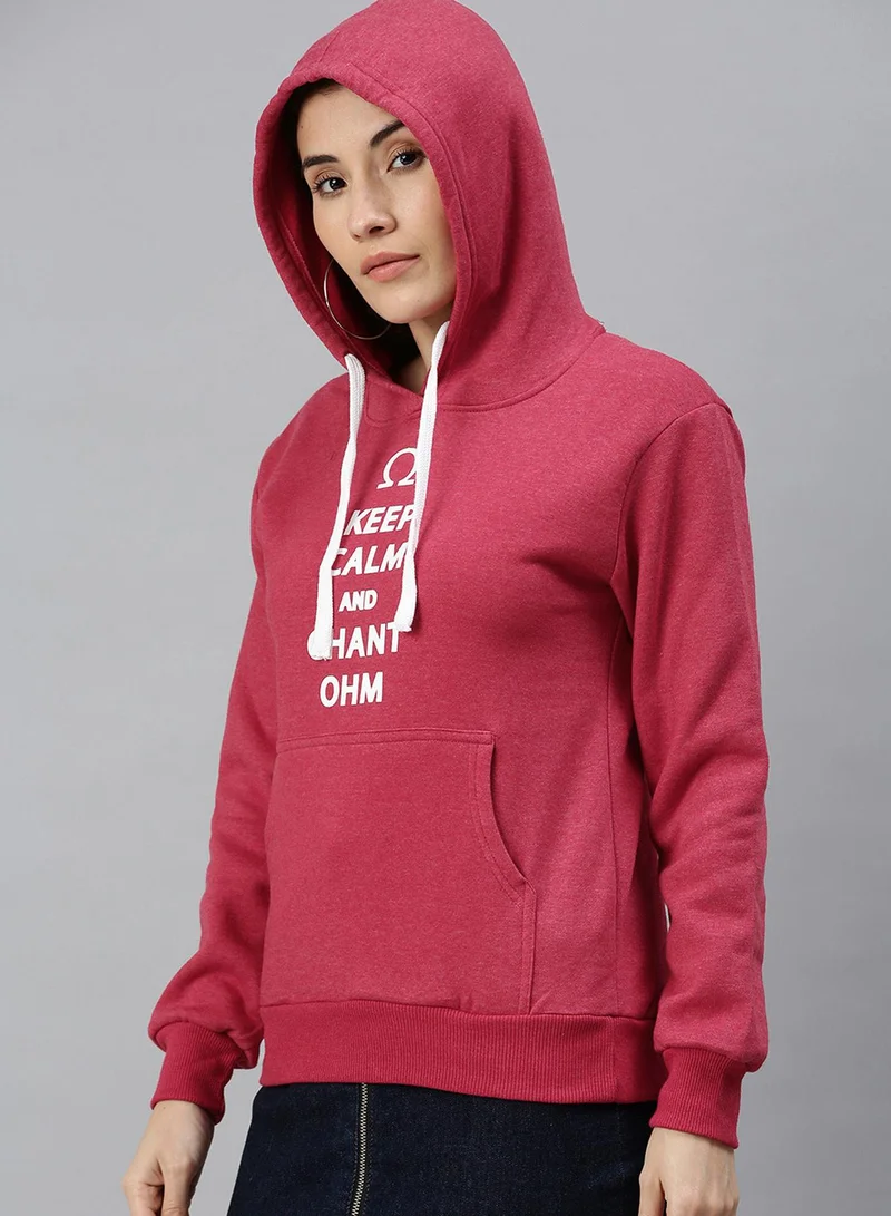 Campus Sutra Women's Rose Red Chant-Ohm Print Pullover Hoodie