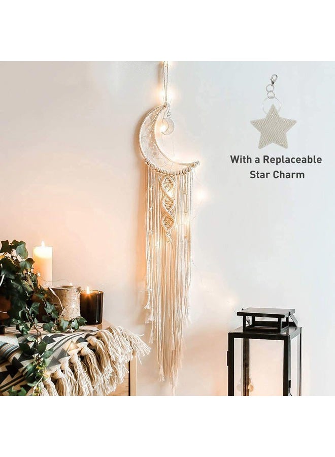ANROYE Boho Macrame Woven Wall Hanging, Crochet Crescent Moon Star Dream Catcher with Long Tassel- White Cotton Cord Handmade Bohemian Home Decor Ornament Decoration Art Craft Gift for Kids Bedroom Dorm Room - Image 1