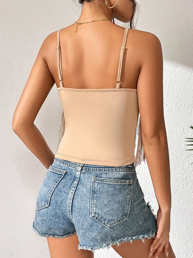 SweatyRocks Women's Fringe Sleeveless Boho Tassel Tank Top Slim Fit Cami Summer Tops Khaki L - Image 2