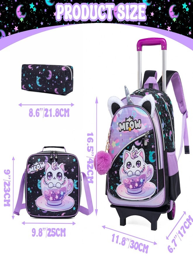 Meetbelify Girls Cute Backpack with Wheels for Elementary Students Kids Black Travel Luggage, Black Cat, Small - Image 2