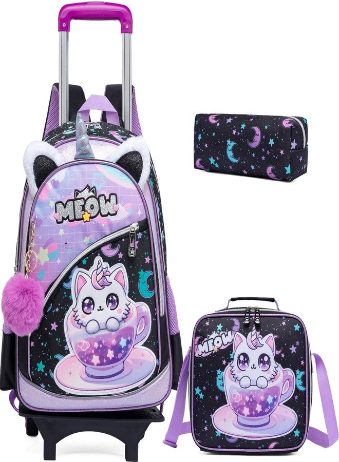 Meetbelify Girls Cute Backpack with Wheels for Elementary Students Kids Black Travel Luggage, Black Cat, Small - Image 1
