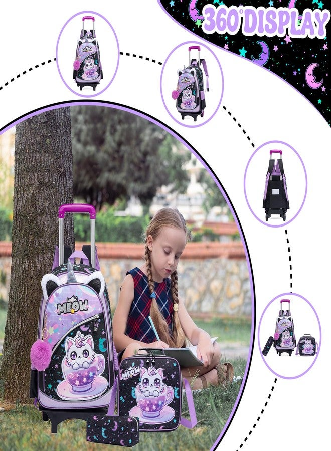 Meetbelify Girls Cute Backpack with Wheels for Elementary Students Kids Black Travel Luggage, Black Cat, Small - Image 3