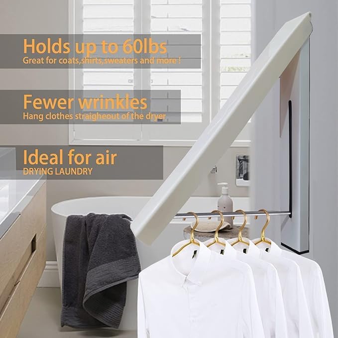 Bindex Single Foldable Clothing Rack WallMounted Retractable Clothes Hanger for Laundry Dryer Room Hanging Drying Rod Small Collapsible Folding Garment Racks Dorm Accessories White - Image 4