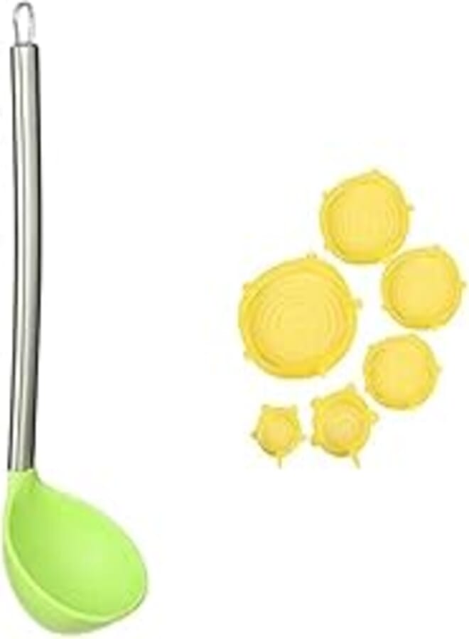 Silicone ladle with stainless steel handle - green + Silicone lids stretch fresh food cover stretch lids, 6-pack of various sizes