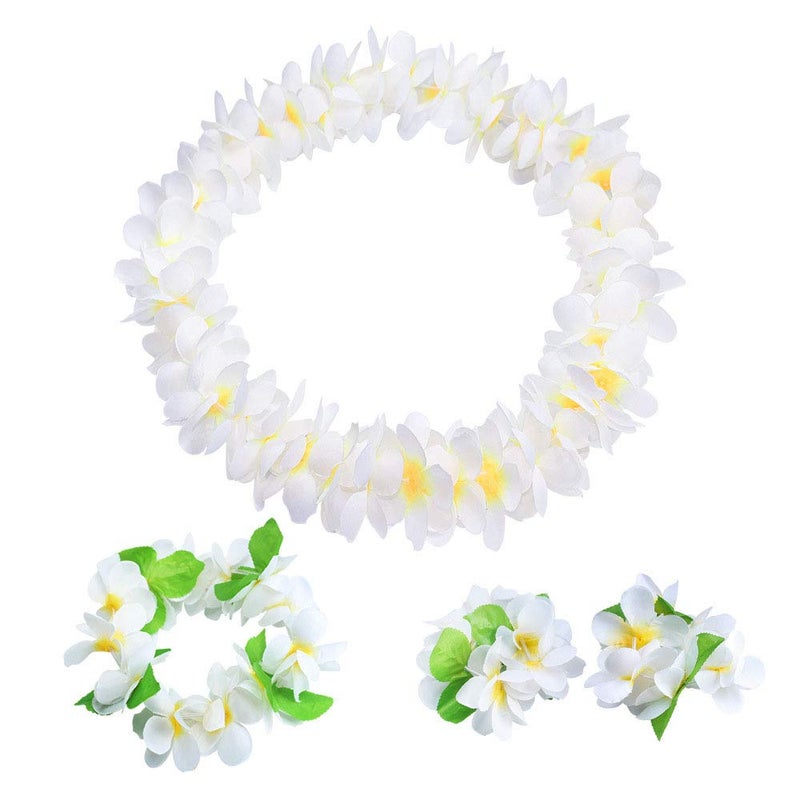 Yansanido 4 Pcs White Hawaiian Leis with Green Leaves for Graduation Party Dance Party Photo Prop in Outdoors White