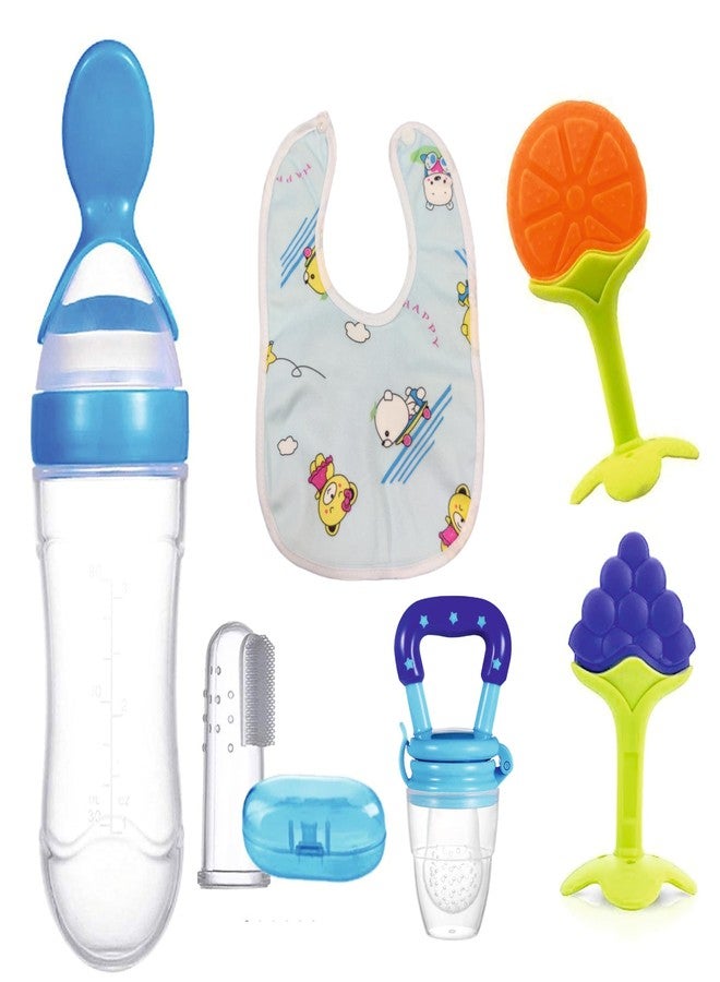 Roforuf Silicone Baby Food Dispensing Spoon Bottle 90ML 1pc, Fruit Feeder/Nibbler/Pacifier 1pc, Fruit Shape Teether 2pcs, Finger Tooth Brush 1pc And Baby bib 1pc (Pack of 6 Blue) (combo 6 with 2 fruit teether) - Image 1