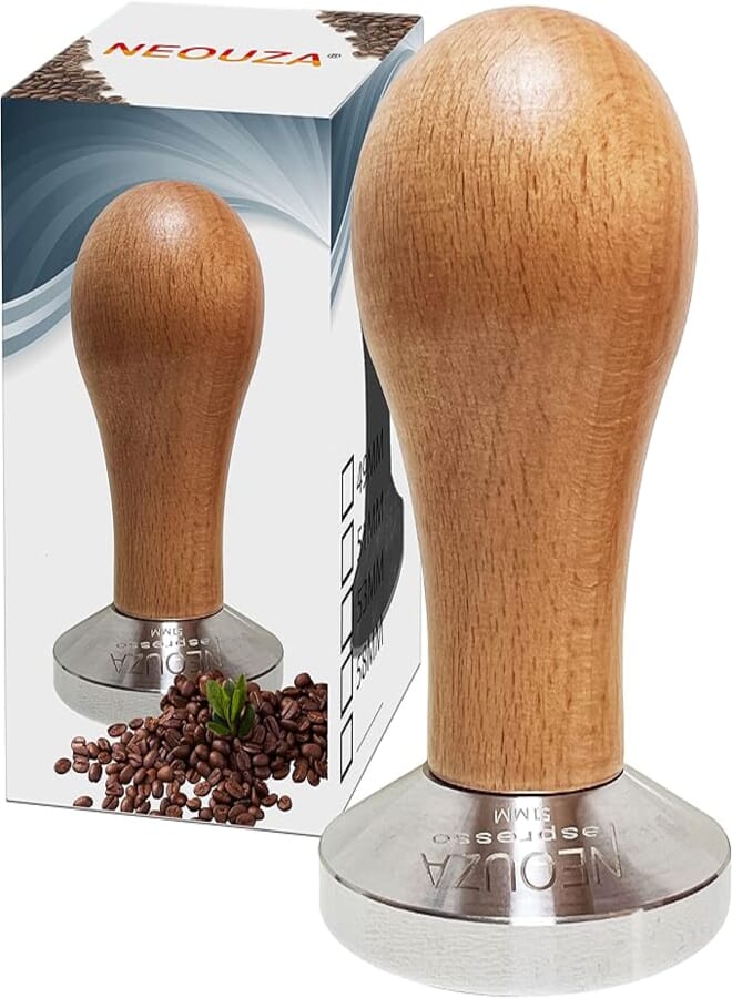 NEOUZA Barista 51mm Espresso Maker - 304 Wood Handle - 304 Stainless Steel Flat Base - Fits for Delonghi EC680/EC685 51mm Filter Holder