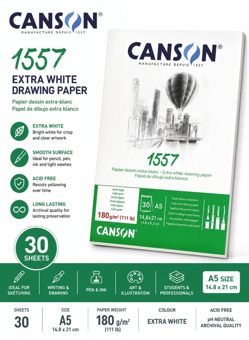CANSON 1-Piece A5 Size Extra White Drawing Paper Pad 180gsm Thickness 30 Sheets - Image 1