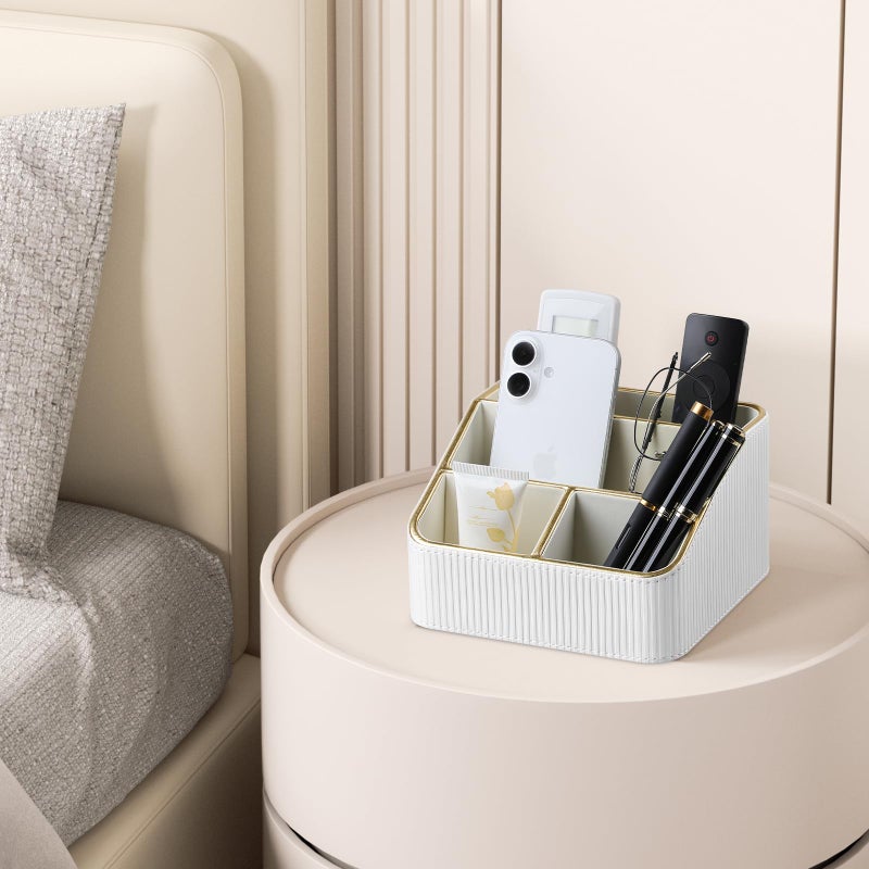 Cretkhp Remote Control Holder with 4 Compartments, PU Leather Small Nightstand Organizer for Home Desk Accessories Office Supplies, Multifunctional Stylish Small Bedside Desktop Organizers (White) - Image 5