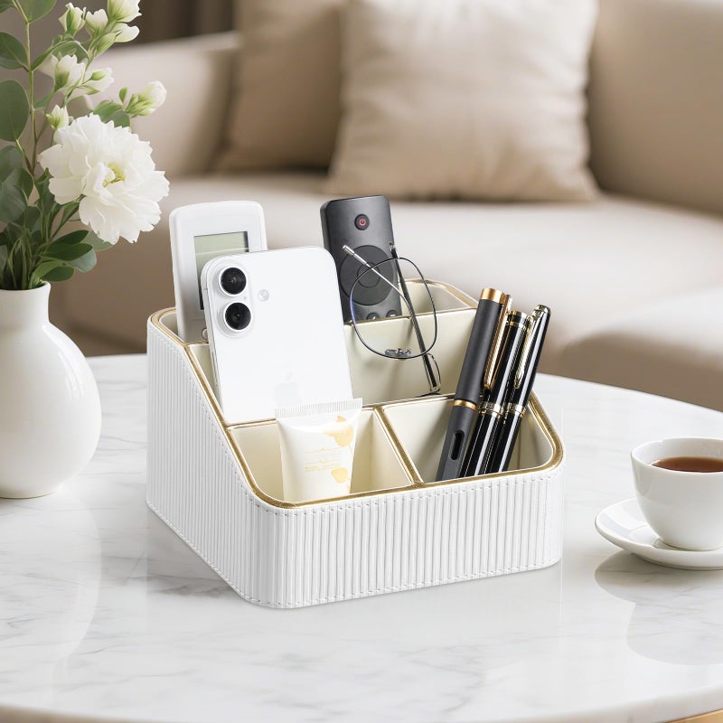 Cretkhp Remote Control Holder with 4 Compartments, PU Leather Small Nightstand Organizer for Home Desk Accessories Office Supplies, Multifunctional Stylish Small Bedside Desktop Organizers (White) - Image 2