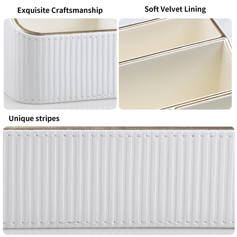 Cretkhp Remote Control Holder with 4 Compartments, PU Leather Small Nightstand Organizer for Home Desk Accessories Office Supplies, Multifunctional Stylish Small Bedside Desktop Organizers (White) - Image 3