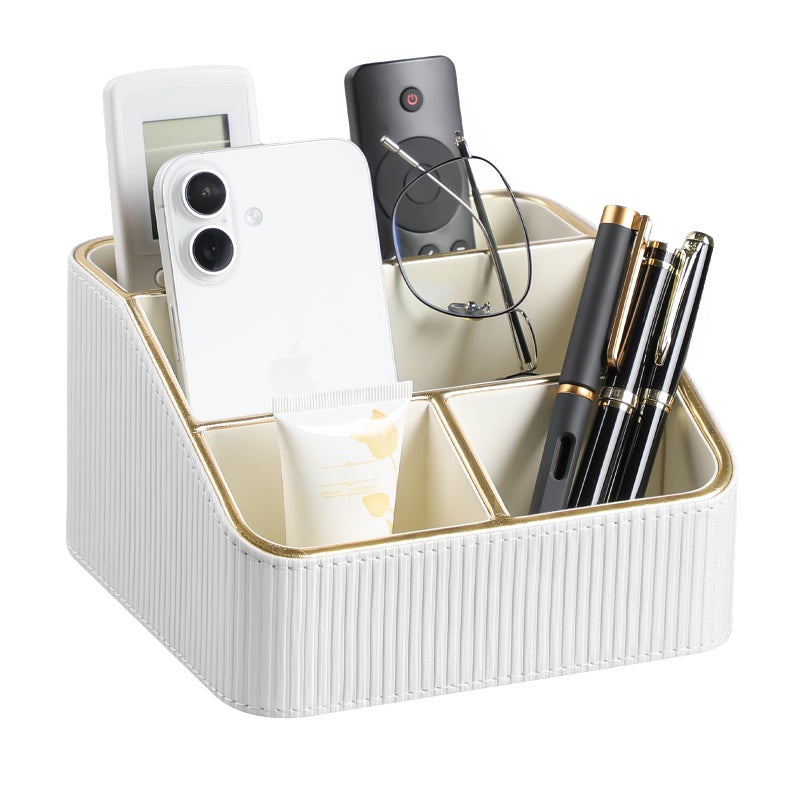 Cretkhp Remote Control Holder with 4 Compartments, PU Leather Small Nightstand Organizer for Home Desk Accessories Office Supplies, Multifunctional Stylish Small Bedside Desktop Organizers (White) - Image 1