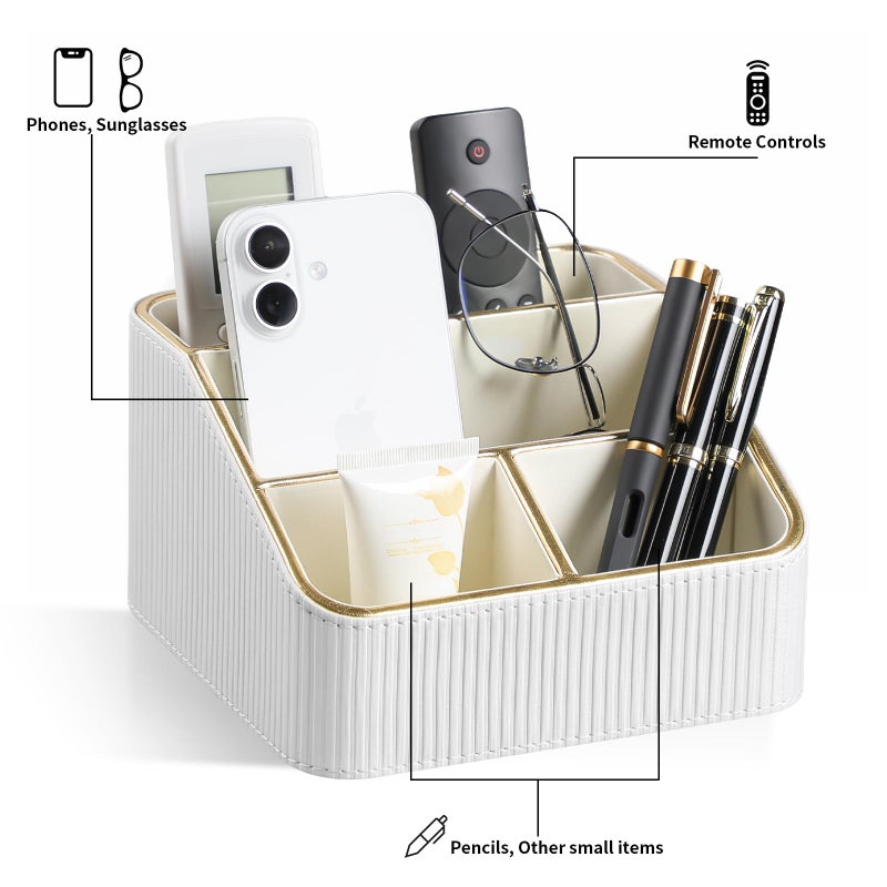 Cretkhp Remote Control Holder with 4 Compartments, PU Leather Small Nightstand Organizer for Home Desk Accessories Office Supplies, Multifunctional Stylish Small Bedside Desktop Organizers (White) - Image 4