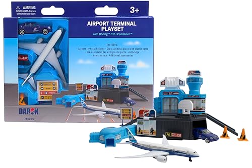 Daron Airport Building Playset with Boeing 787 DieCast Metal Airplane FreeWheeling Airport Car Buildable Terminal with ATC Tower Jet Bridge Accessories Construction Toy for Ages 3 - Image 1