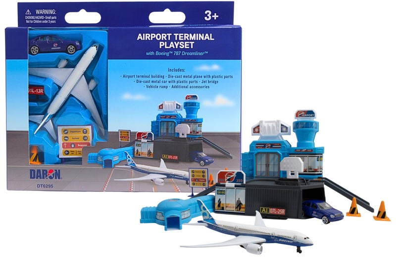 Daron Airport Building Playset with Boeing 787 DieCast Metal Airplane FreeWheeling Airport Car Buildable Terminal with ATC Tower Jet Bridge Accessories Construction Toy for Ages 3 - Image 3