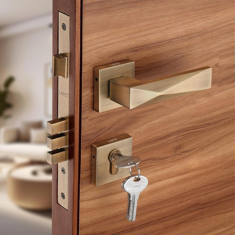 LAPO أقفال أبواب ثقيلة للباب الرئيسي، مجموعات مقابض أقفال الأبواب مع 3 مفاتيح نحاسية، قفل باب غرفة النوم، قفل مقبض للمنزل، المكتب، الفندق | تشطيب عتيق | ضمان 3 سنوات Ro-131 - Image 1