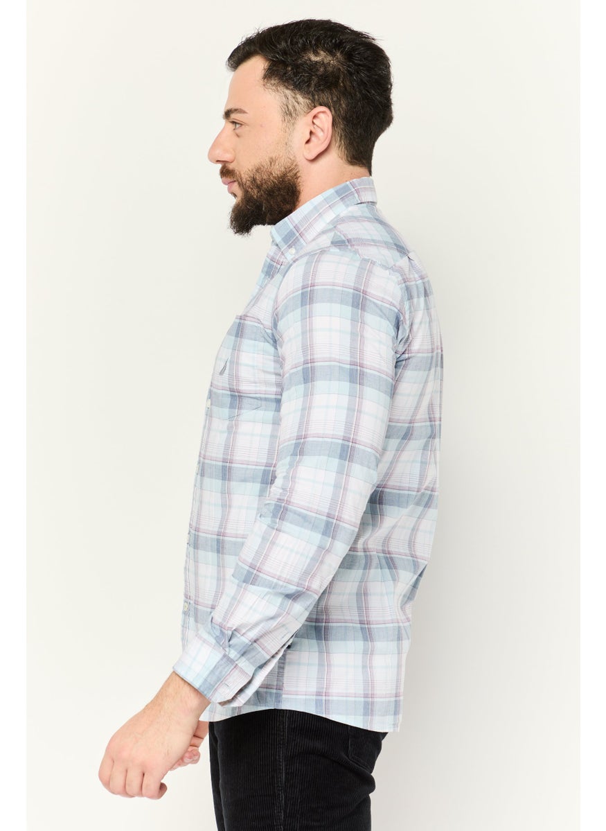 NAUTICA Men Slim Fit Plaid Long Sleeve Casual Shirt, White  - Image 3