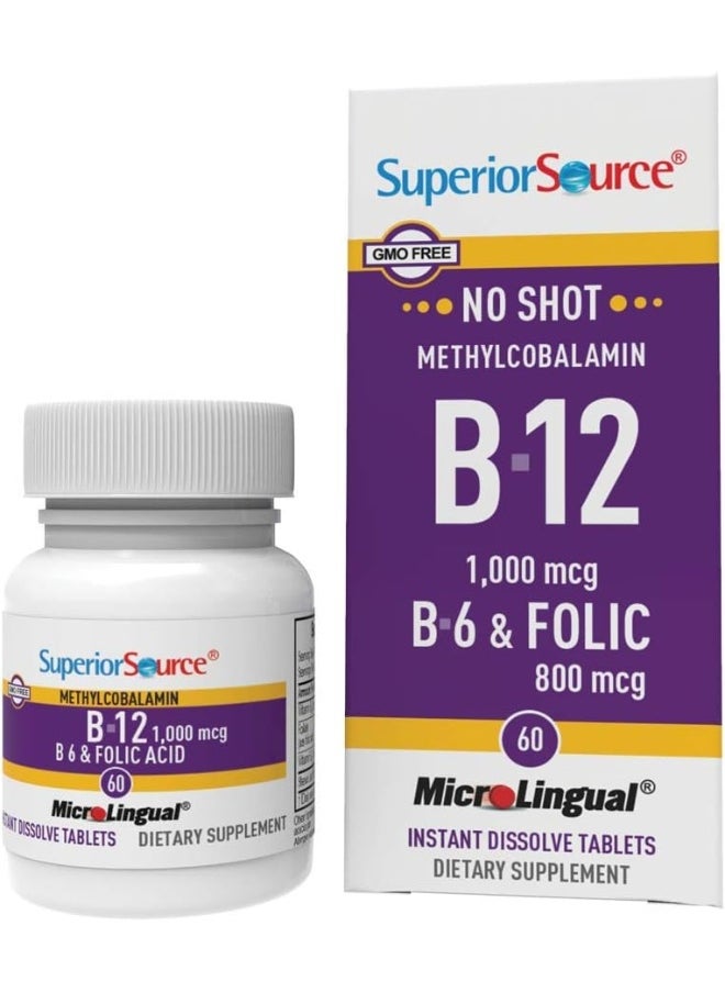 Superior Source No Shot Vitamin B12 Methylcobalamin (1000 Mcg), B6, Folic Acid, Quick Dissolve Microlingual Tablets, 60 Ct  - Image 1