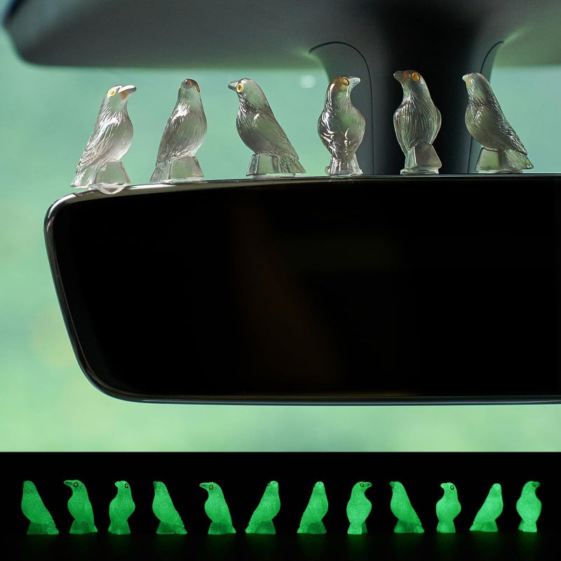 Rislobx Halloween Luminous Crow Car Dashboard Decor 12 PCS Horror Raven Car Dash Decorations Goth Rear View Mirror Ornament Interior Accessories for Home Office - Image 3