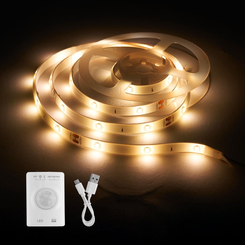 LUXJET Rechargeable Motion Sensor Wardrobe Light, 3.3ft Flexible LED Strip with 30LED, PIR and Light Sensor, Warm White Night Light for Bedroom, Kitchen, Wall, Closet, Cabinet - Image 1