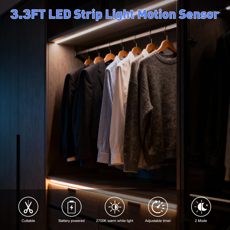 LUXJET Rechargeable Motion Sensor Wardrobe Light, 3.3ft Flexible LED Strip with 30LED, PIR and Light Sensor, Warm White Night Light for Bedroom, Kitchen, Wall, Closet, Cabinet - Image 2