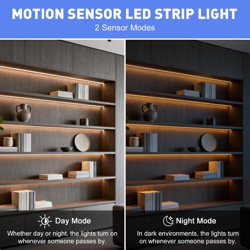 LUXJET Rechargeable Motion Sensor Wardrobe Light, 3.3ft Flexible LED Strip with 30LED, PIR and Light Sensor, Warm White Night Light for Bedroom, Kitchen, Wall, Closet, Cabinet - Image 4