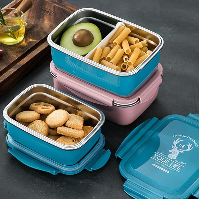 Blue Stainless Steel Lunch Box With PP Lid Four Buttons Food Safe Reusable For Children Women School Outdoor Gifts - Image 3