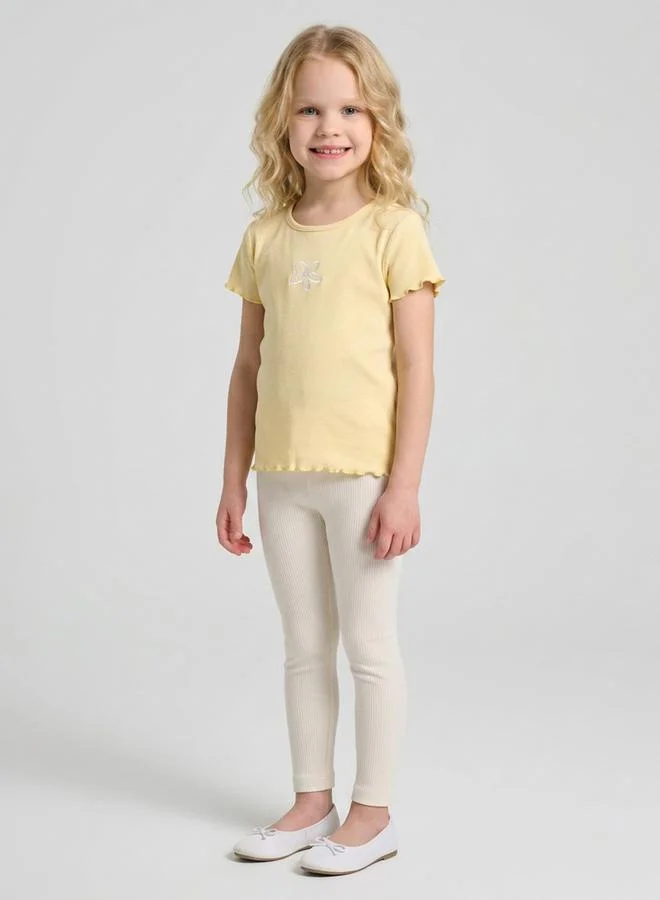 Take Two Girls Yellow Ribbed Flower Embroidery Regular Fit T-Shirt By Juniorloom