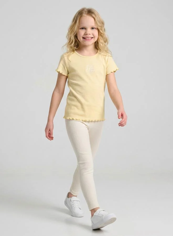 Take Two Girls Yellow Ribbed Flower Embroidery Regular Fit T-Shirt By Juniorloom