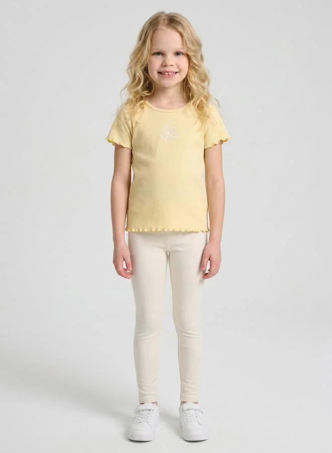 Take Two  Girls Yellow Ribbed Flower Embroidery Regular Fit T-Shirt By Juniorloom for Women | Best Price UAE