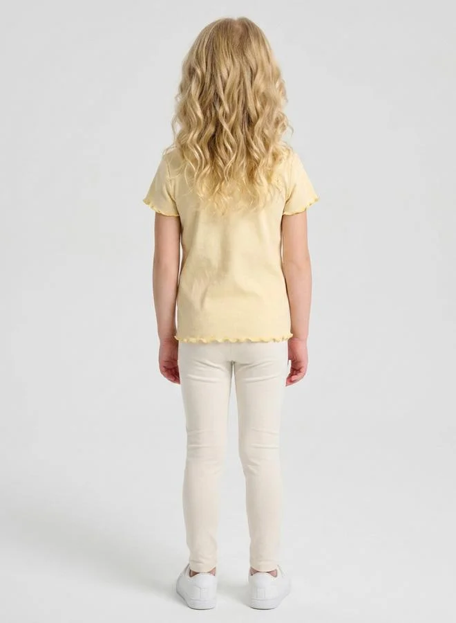 Take Two  Girls Yellow Ribbed Flower Embroidery Regular Fit T-Shirt By Juniorloom for Women | Best Price UAE