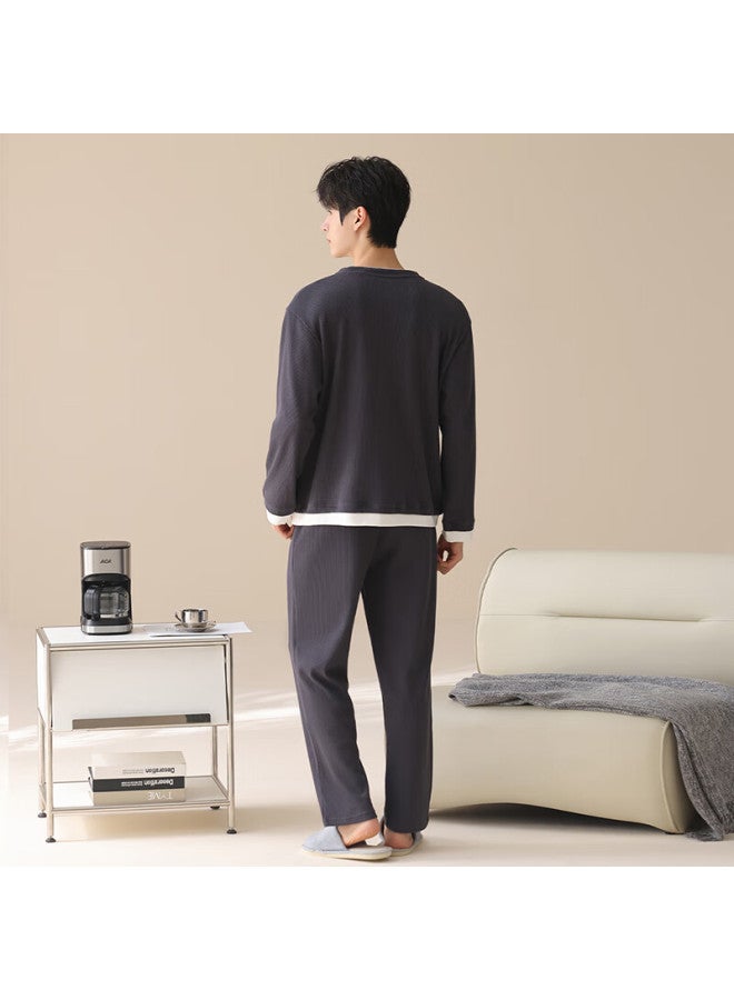 Fentengcare Men's Waffle Knit Pajamas Autumn New Fake Two-piece Crew Neck Long Sleeve Long Pants Homewear - Image 2