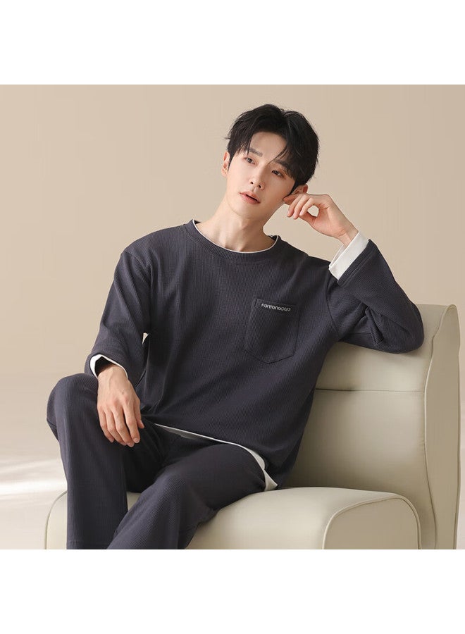 Fentengcare Men's Waffle Knit Pajamas Autumn New Fake Two-piece Crew Neck Long Sleeve Long Pants Homewear - Image 3