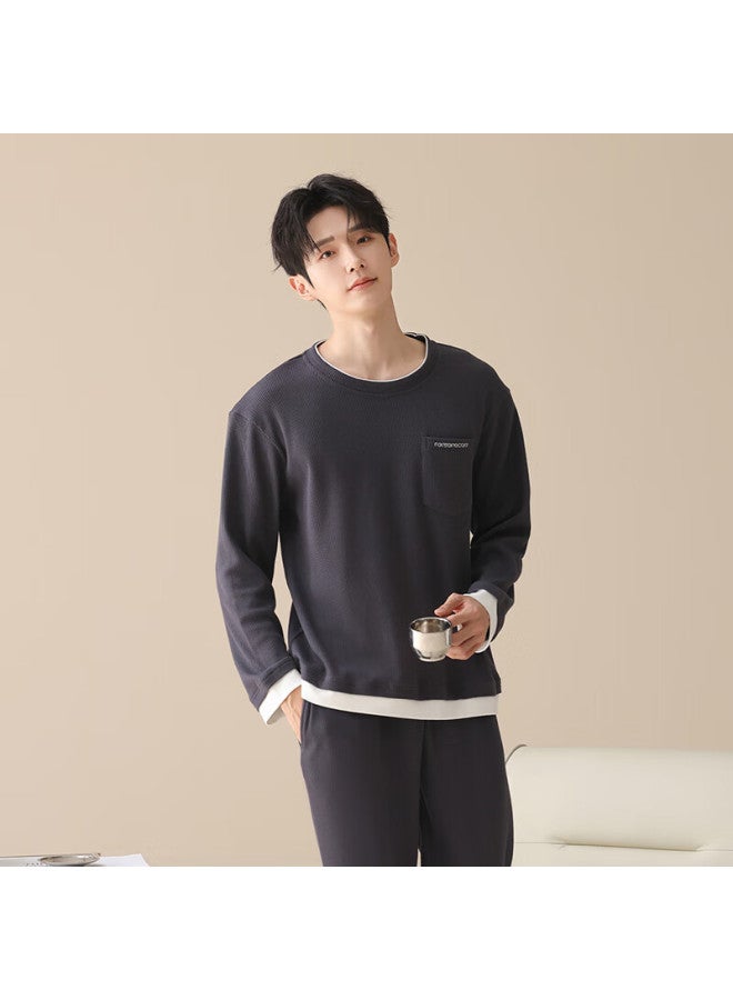 Fentengcare Men's Waffle Knit Pajamas Autumn New Fake Two-piece Crew Neck Long Sleeve Long Pants Homewear - Image 1