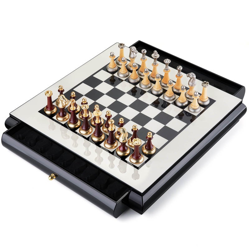 AMEROUS 16 Inches Wooden Chess Set Large Size Board with 2 Builtin Storage Drawers 2 Extra Queens Metallic Wooden Chess Pieces Gift Packaging Board Games for Adults and Kids