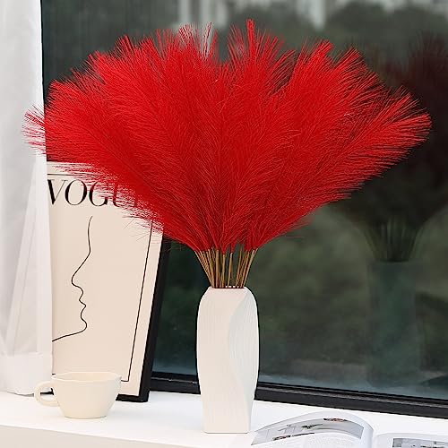 Wertuirk Red Pampas Grass Decor - 30pcs 24 Inch Short Artificial Pampas Grass Decor, Fake Pompas Floral for Vase Filler, Wedding Flower Arrangement, Party and Home Decor (Red) - Image 1