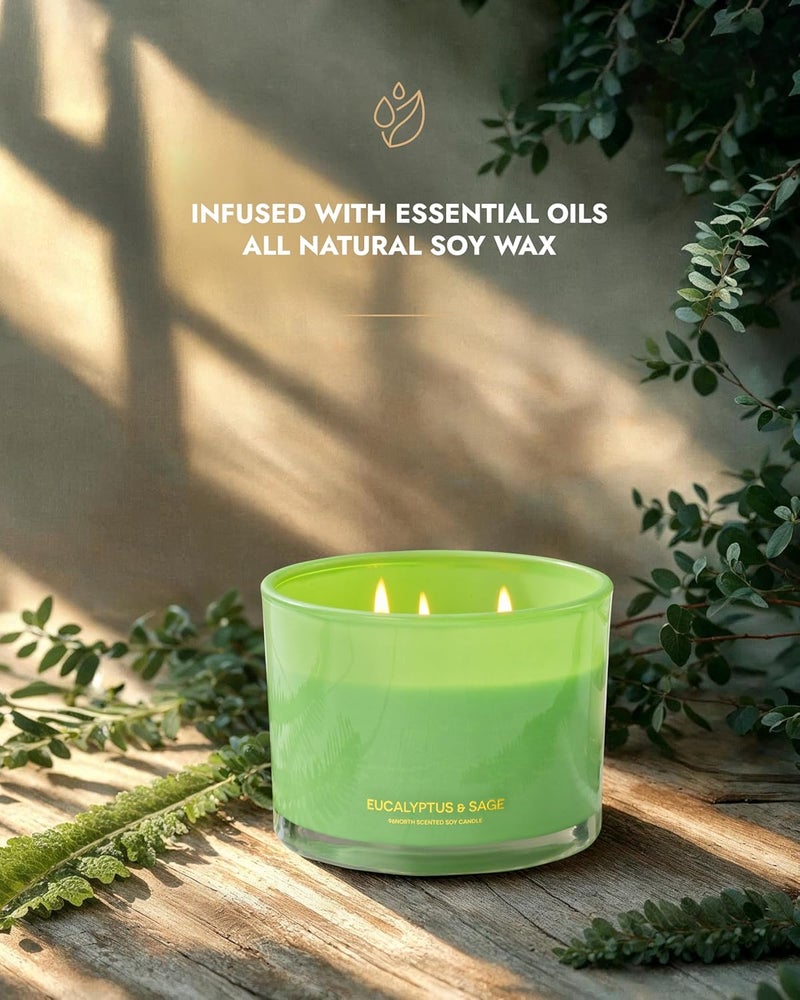 96NORTH Luxury Eucalyptus & Sage Soy Candle | Large 3 Wick Jar Candle | Up to 50 Hours Burning Time | 100% Natural Soy Wax | Housewarming Gift for Men and Women - Image 2