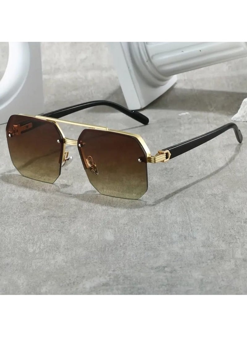 POLITE Semi-Rimless Fashion Sunglasses for Men Brown Gradient, High Quality Alloy Sunglass for Driving, Hiking and Outdoor Activities - Image 3