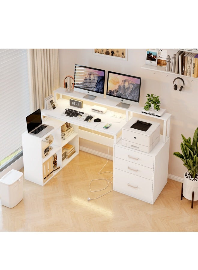 مكتب كمبيوتر متعدد الوظائف مع رفوف وأدراج تخزين، مكتب عمل مدمج بإضاءة LED ومحطة شحن، مكتب منزلي طاولة دراسة عالية السعة للطلاب، طاولة ألعاب للرياضات الإلكترونية، منضدة عمل للمكتب المنزلي - Image 1