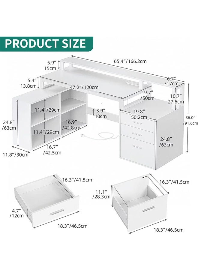 مكتب كمبيوتر متعدد الوظائف مع رفوف وأدراج تخزين، مكتب عمل مدمج بإضاءة LED ومحطة شحن، مكتب منزلي طاولة دراسة عالية السعة للطلاب، طاولة ألعاب للرياضات الإلكترونية، منضدة عمل للمكتب المنزلي - Image 4