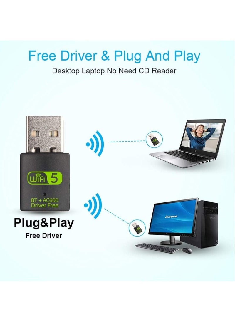 ULHYC - USB WiFi Bluetooth Adapter, 600Mbps Dual Band 2.4/5Ghz Wireless Network External Receiver, Mini WiFi Dongle for PC/Laptop/Desktop - Image 1