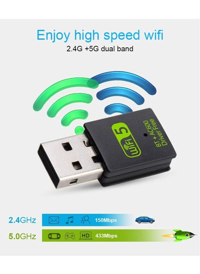 ULHYC - USB WiFi Bluetooth Adapter, 600Mbps Dual Band 2.4/5Ghz Wireless Network External Receiver, Mini WiFi Dongle for PC/Laptop/Desktop - Image 1