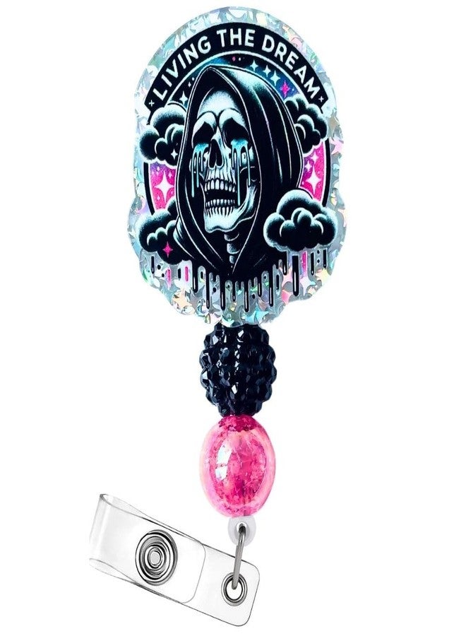 YJ PREMIUMS Living The Dream Funny Halloween Badge Reel Retractable ID Name Holder Clip Fun Spooky Ghost Skull Grim Reaper Radiology Skeleton Sarcastic ER Tech RN CNA MA Life Nurse Nursing Gifts Accessories - Image 1