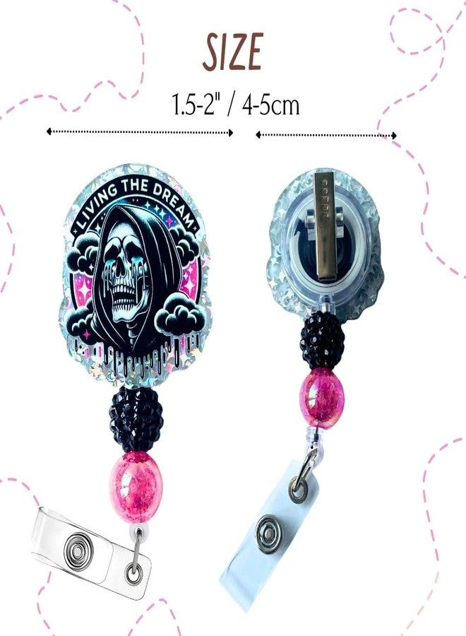 YJ PREMIUMS Living The Dream Funny Halloween Badge Reel Retractable ID Name Holder Clip Fun Spooky Ghost Skull Grim Reaper Radiology Skeleton Sarcastic ER Tech RN CNA MA Life Nurse Nursing Gifts Accessories - Image 2