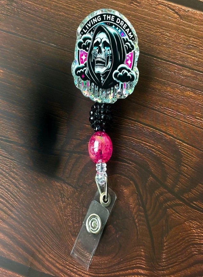 YJ PREMIUMS Living The Dream Funny Halloween Badge Reel Retractable ID Name Holder Clip Fun Spooky Ghost Skull Grim Reaper Radiology Skeleton Sarcastic ER Tech RN CNA MA Life Nurse Nursing Gifts Accessories - Image 4